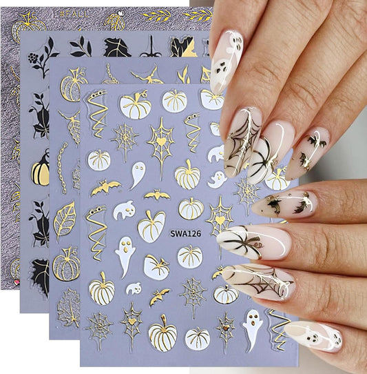 4 Sheets Halloween Nail Art Stickers Decals Fall Nail Decals Gold 3D Self-Adhesive Ghost Bat Spider Web Pumpkin Nails Decor Autumn Maple Leaf Nails Designs Stickers for Women Party Manicure Supplies