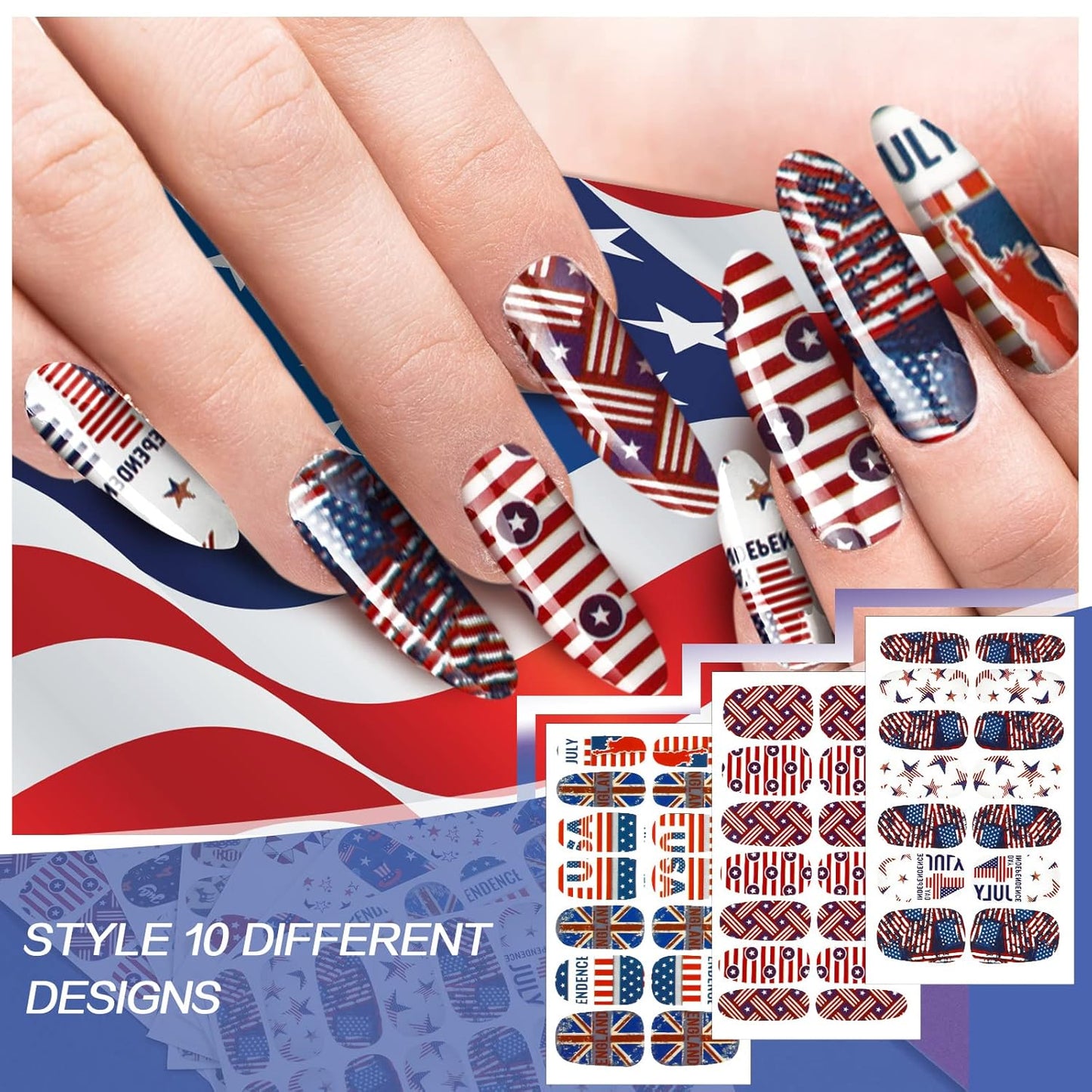 Maitys 140 Pcs 10 Sheets Patriotic Full Wrap Nail Stickers 4th of July Polish Strips Gradient Stickers Memorial Independence Day Glitter Self Adhesive DIY Art Strips with 2 Pcs Nail Files