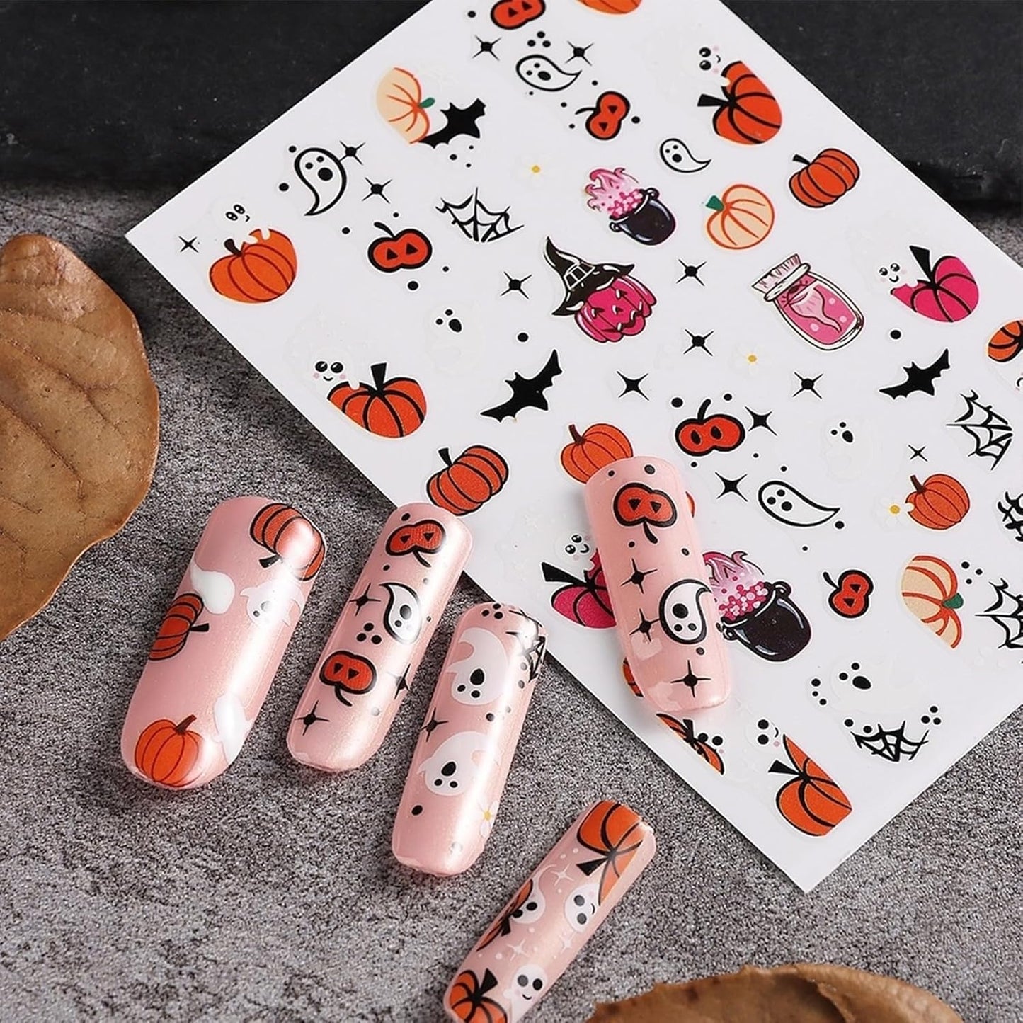 Halloween Nail Art Stickers, Pink Pumpkin Nail Decals, 3D Self-Adhesive Spider-Web Bat Design for DIY Nail Supplies Decoration (6 Sheets)