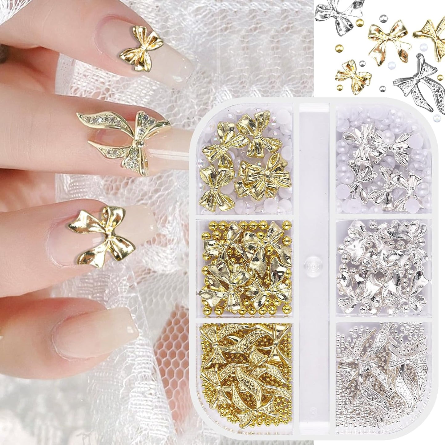 3D Metal Bowknot & AB Pearl and Mini Beads Nail Art Kit - Gold/Silver Alloy Bowknot, 1-2mm Stainless Steel Caviar Beads, 3mm Half Pearls for Professional Salon & DIY Manicure Jewelry Designs (Set 3)
