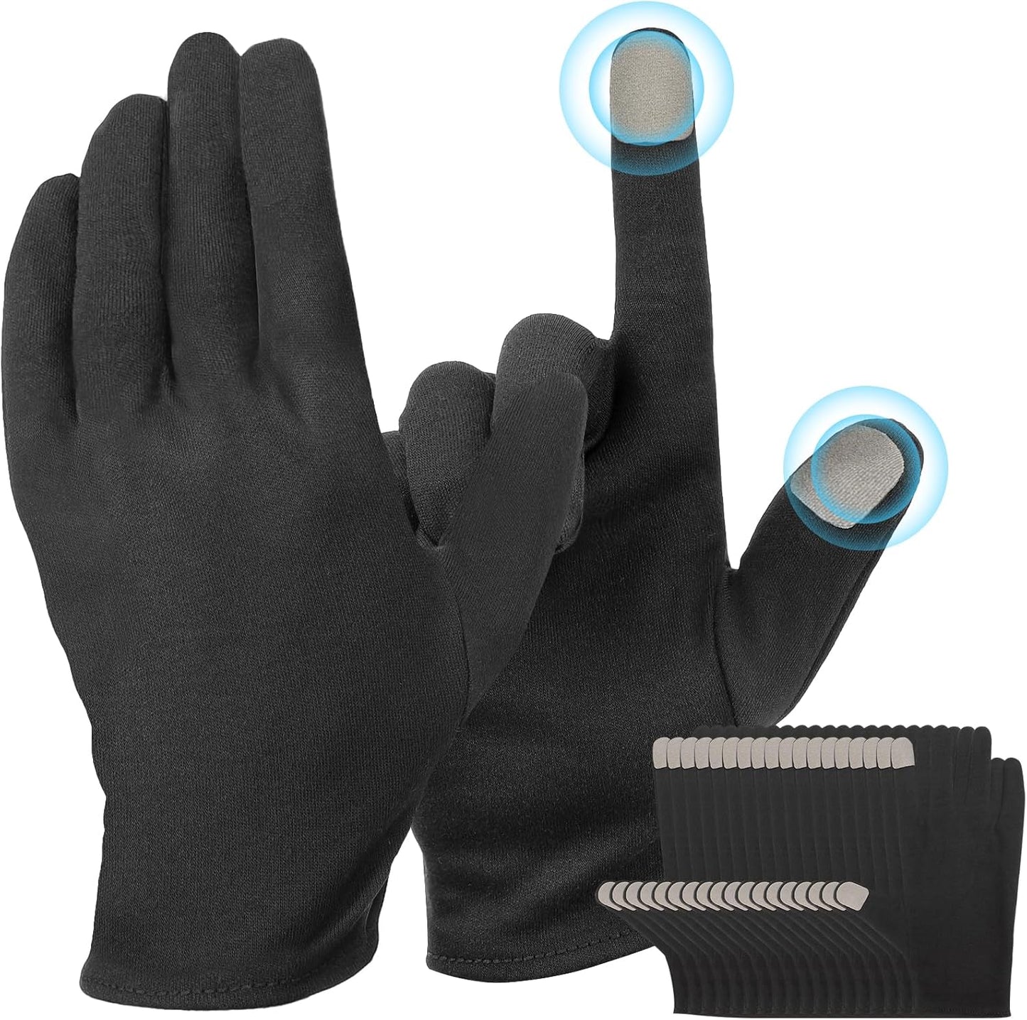 10 Pairs Extra Large Black Cotton Gloves for Dry Hands Sleeping, Men and Women Moisturizing, Black Work Gloves for Photography, Coin Handling, Jewelry, with Pack of 40 Touch Screen Stickers