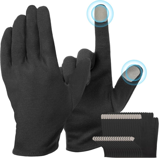 10 Pairs Extra Large Black Cotton Gloves for Dry Hands Sleeping, Men and Women Moisturizing, Black Work Gloves for Photography, Coin Handling, Jewelry, with Pack of 40 Touch Screen Stickers