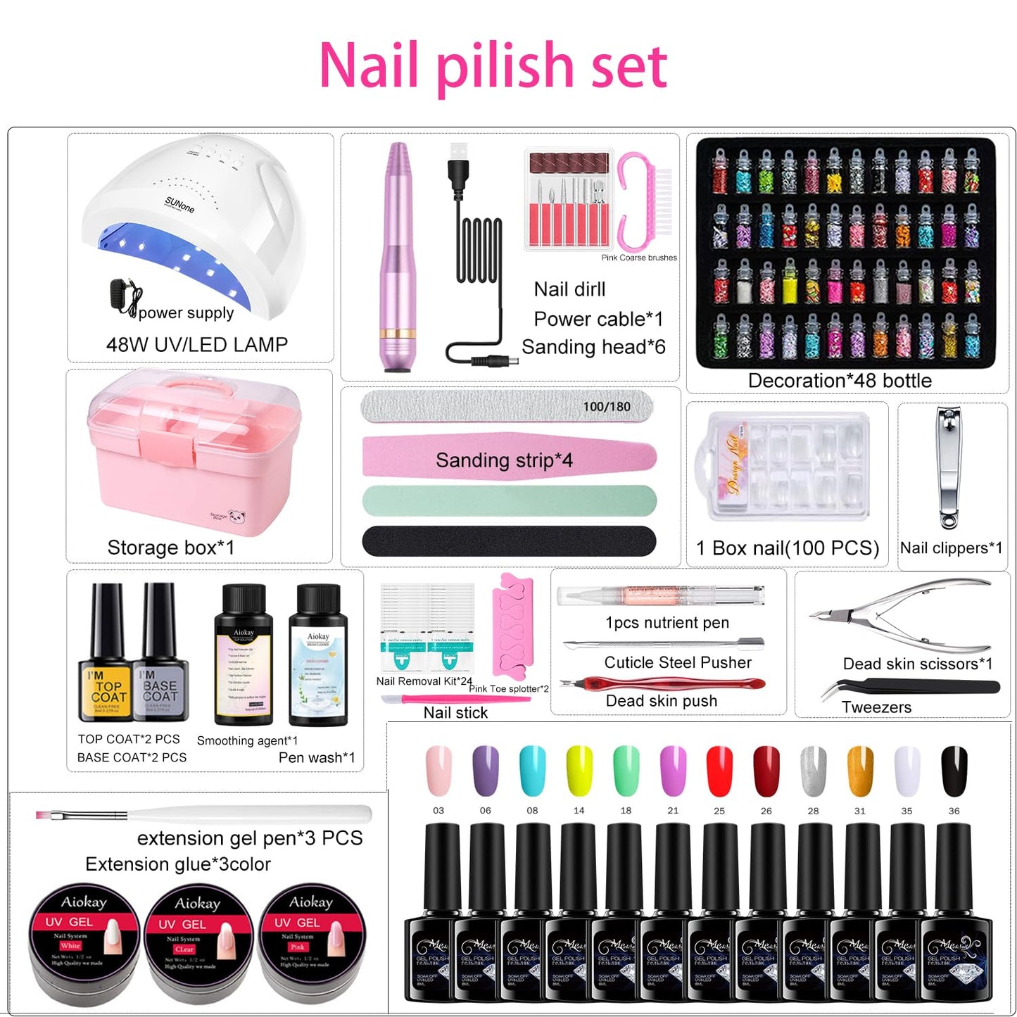 Gel Nail Polish Set with48W UV Lamp,3 Colors Quick Nail Extension Nail Gel, 12 Colors Nail Polish with Base Coat and Top coat gel kit , Professional nail kit Home DIY Salon for women gift