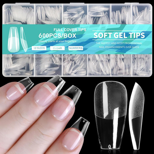 AddFavor 600pcs Coffin Nail Tips, Medium Coffin Soft x Gel Nail Tips Clear Fake Nails Ballerina Full Cover Acrylic Nails Tips for Extension Nail Manicure Salon Home DIY