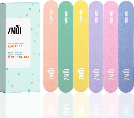Professional Mini Nail File – 12 Stylish - Practical Fingernail File Pack for Natural and Acrylic Nails 100/180 Emery Boards (Macaroon Color)