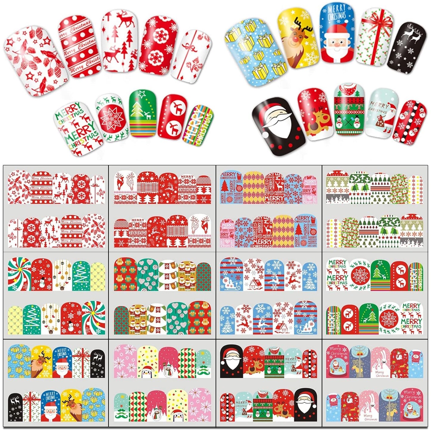 TailaiMei 60 Sheets Christmas Nail Stickers, Water Transfer Decals, Winter Full Nail Wraps Nail Art Decorations, Design for Santa Claus Snowflake Snowman (1028 Pcs)