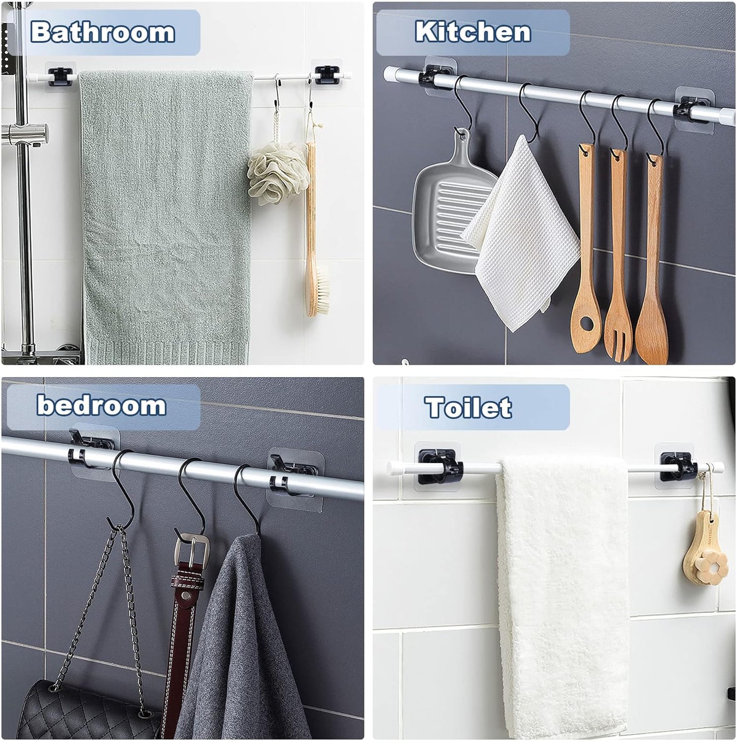 8PCS No Drill Curtain Rod Brackets No Drilling Self Adhesive Curtain Rod Holder Hooks Nail Free Curtain Rod Hooks Curtain Hangers for Bathroom Kitchen Home Bathroom and Hotel (Black)