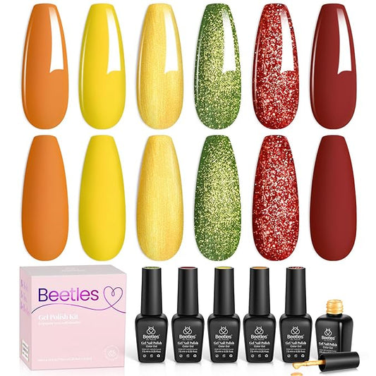 Beetles Fall Gel Polish Set - Autumn Realm Collection, Mustard Yellow Orange Burgundy Gel Polish Green Golden Glitter Nails Kit DIY Nail Art Soak Off UV Led Gifts for Women