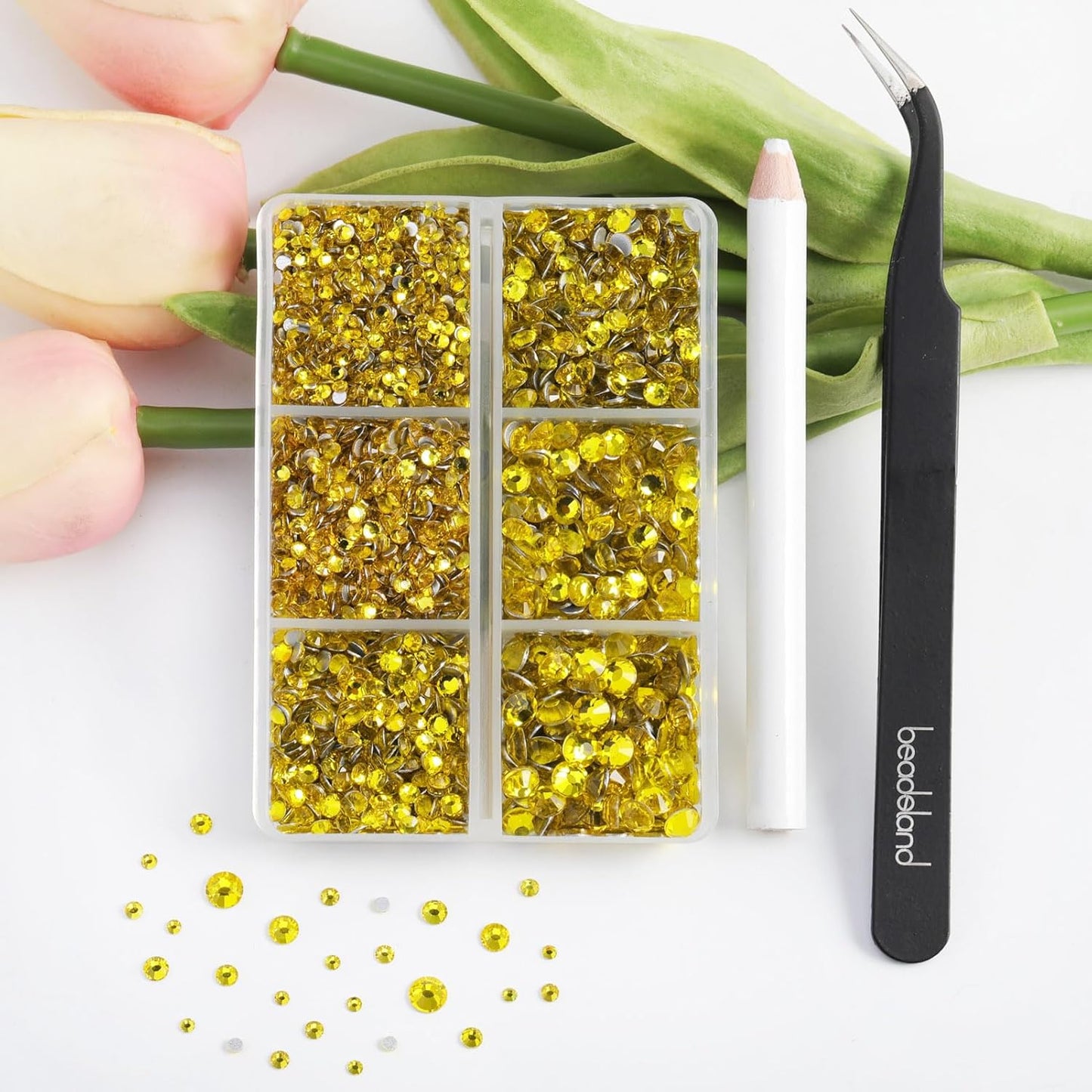 Beadsland 4300pcs Flatback Yellow Nail Gems Round Crystal Rhinestones for Crafts, Mixed 6 Sizes with Picking Tweezers and Wax Pencil Kit, SS6-SS20, Citrine/Lemon Yellow