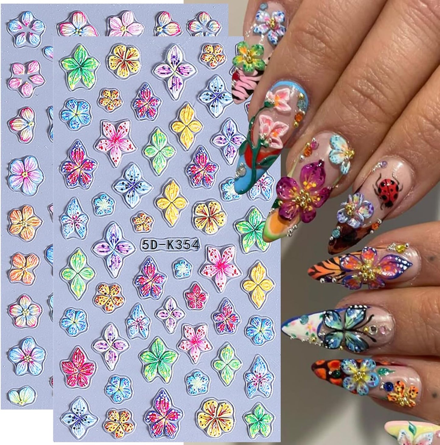 Flower Stickers for Nails Art 6 PCS 5D Hibiscus Nail Decals with 3pcs Tweezers Manicure Tools Colorful Lily Flowers Designs Self-Adhesive Hawaiian Floral Engraved Nail Art Decoration for Women Girls