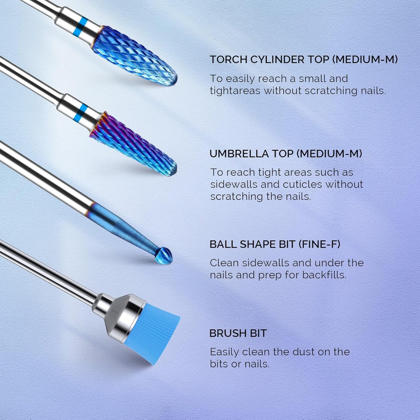 MelodySusie Nail Drill Bits 7pcs, Tungsten Carbide Drill Bits for Acrylic Gel Nail Polish Hard Gel Nail Remove, 3/32'' Nail Bits Set for Nail Drill Efile, Manicure Pedicure Salon Nail Tools, Blue