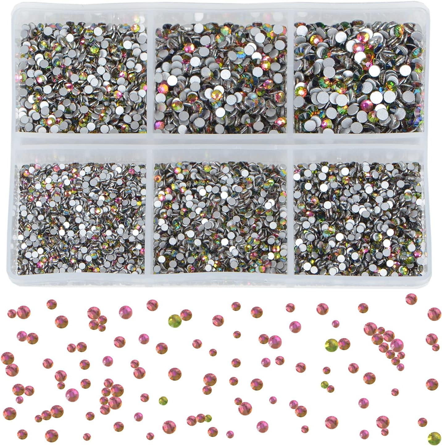 Bymitel 7200 Pieces 6 Mixed Sizes Glue Fix on Glass Rhinestones Round Crystal Gems Flatback for DIY Jewelry Making with one Picking Pen(6-Sizes 7200PCS, Vitrail Medium)