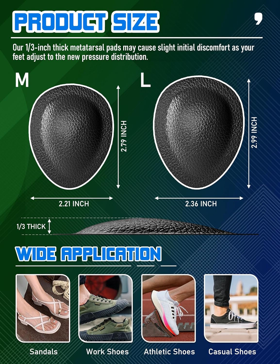 Metatarsal Pads for Men, Ball of Foot Cushions for Pain Relief, Comfortable Forefoot Support for Metatarsalgia and Morton's Neuroma, 1/3 Inch Thick Self-Adhesive Foot Pads, 3 Pairs L