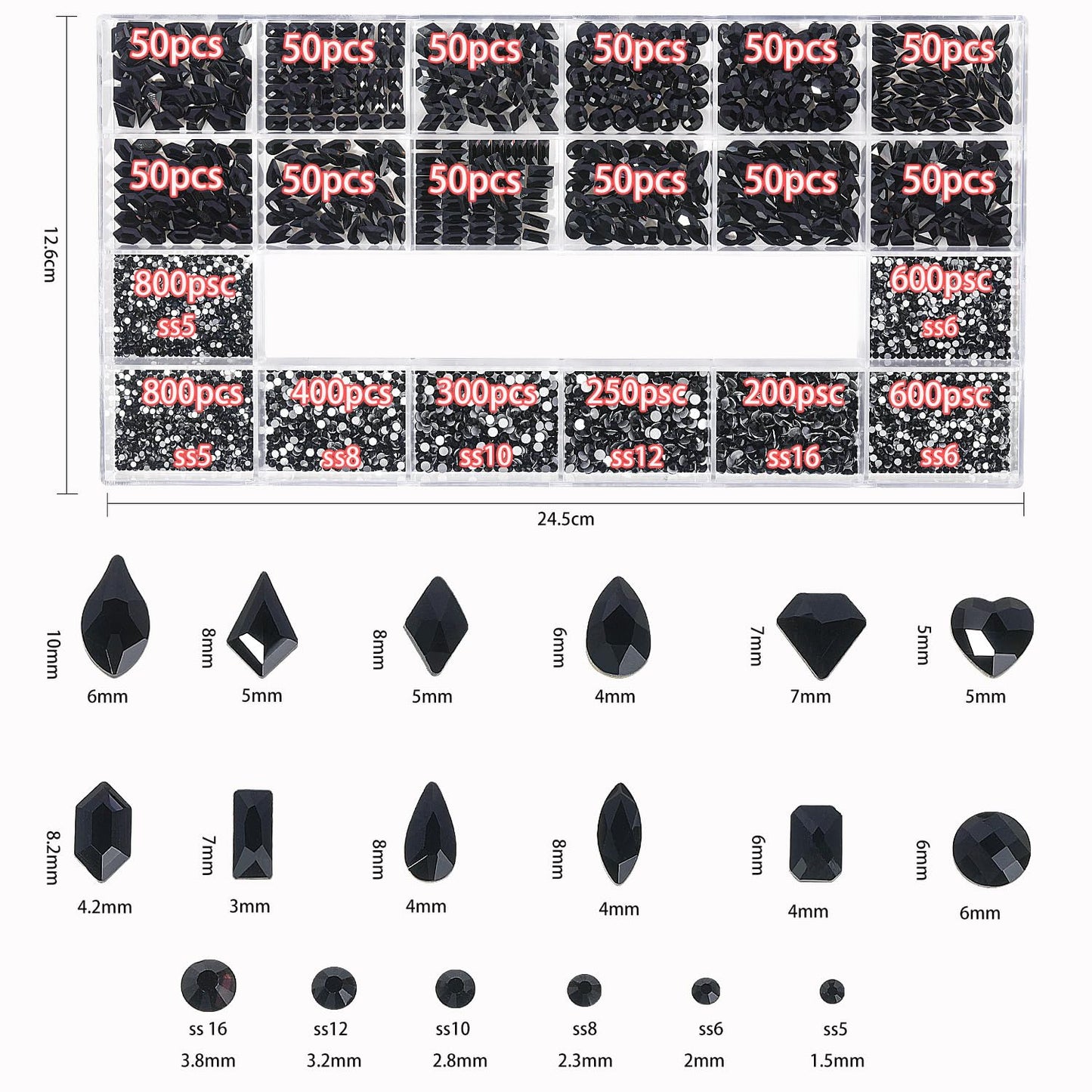 HNUIX Nail Rhinestones - 4550pcs Crystals Black, Multiple Shape Gems, Flatback Rhinestones, with Kit and Glue Gel, for Nail Art
