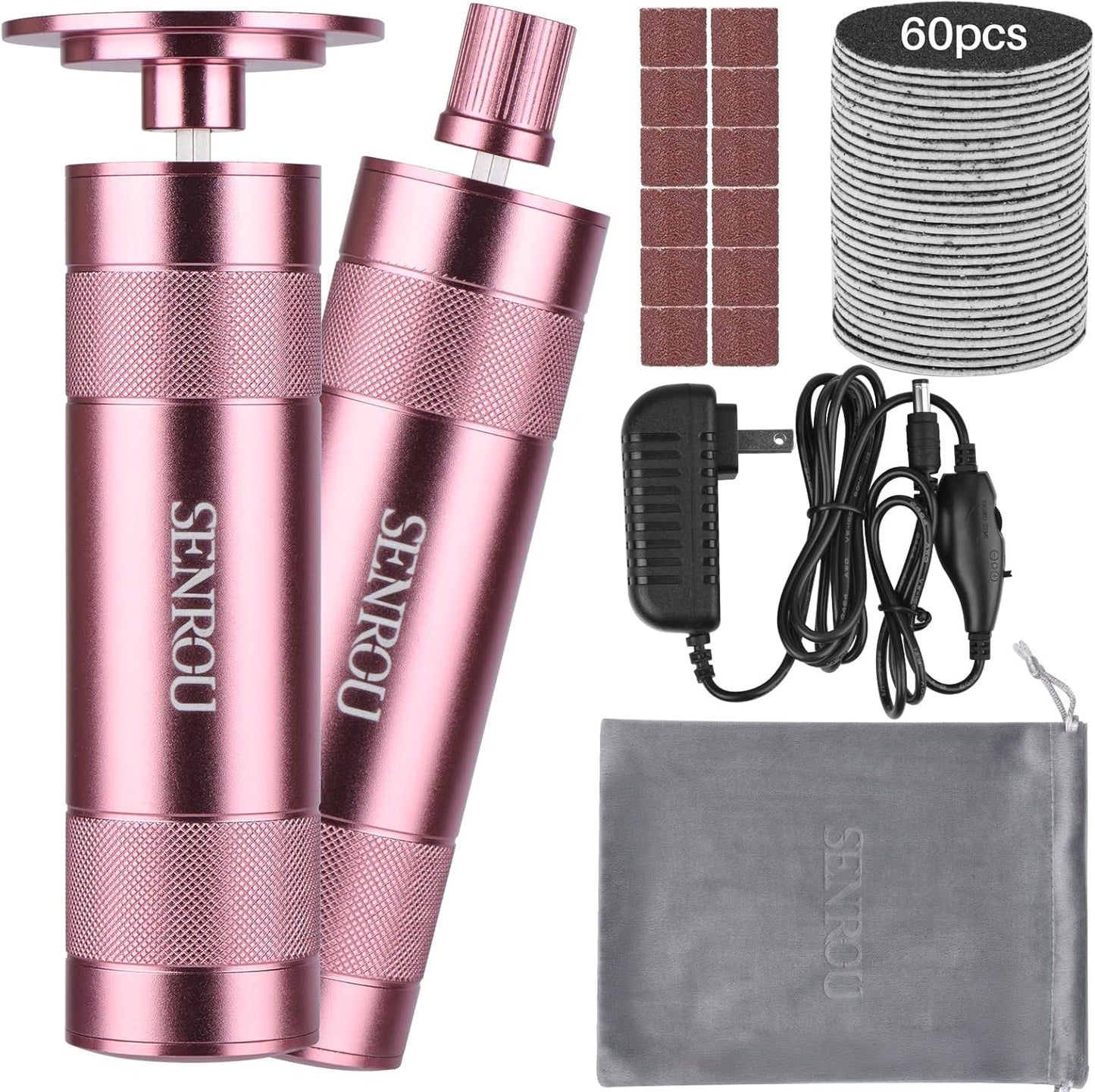 Electric Foot File Callus Remover, 2-in-1 Nail Grinder, Adjustable Speed, 60 Sandpaper Discs, Rose Gold