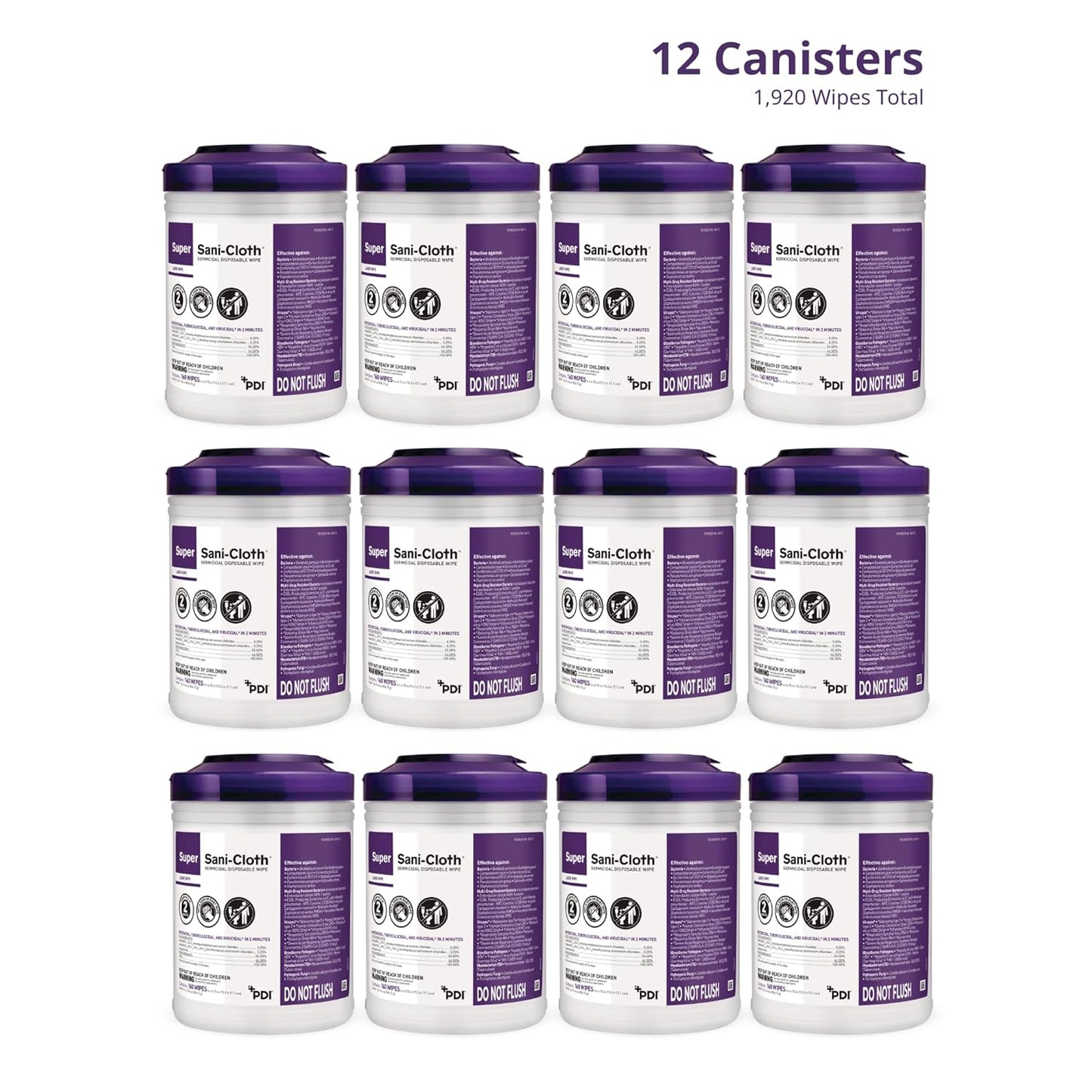 Super Sani-Cloth Germicidal Disposable Wipe, Hospital Grade Disinfection, 160 Large 6" x 6.75" Wipes Each, Case of 12 Canisters