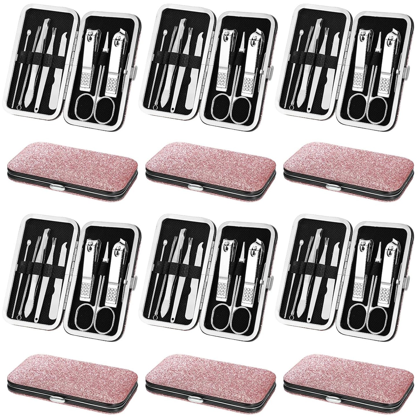 Geosar 12 Sets Manicure Set Nail Clippers Pedicure Kit 8 in 1 Grooming Stainless Steel Kits Nail Care Tools with Travel Case Xmas Gifts for Men Women(Glitter Pink)