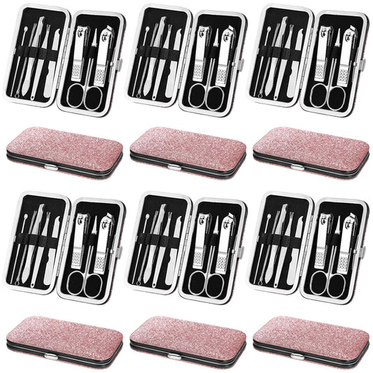 Geosar 12 Sets Manicure Set Nail Clippers Pedicure Kit 8 in 1 Grooming Stainless Steel Kits Nail Care Tools with Travel Case Xmas Gifts for Men Women(Glitter Pink)