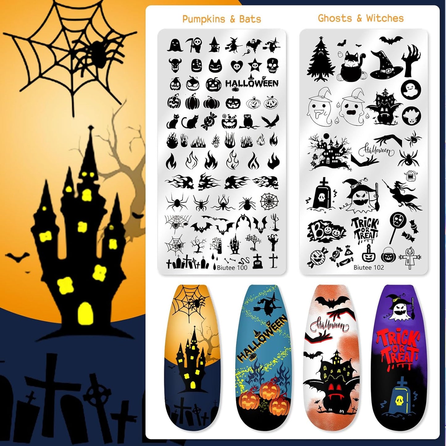Biutee Nail Stamping Plate 16Pcs Nail Stamper Kit 12Pcs Nail Art Stamp Plates with Silicone Stamper, Scraper & Storage Bag, Stamping Plates Star Plaid Flower Butterfly Template Halloween Design Gift