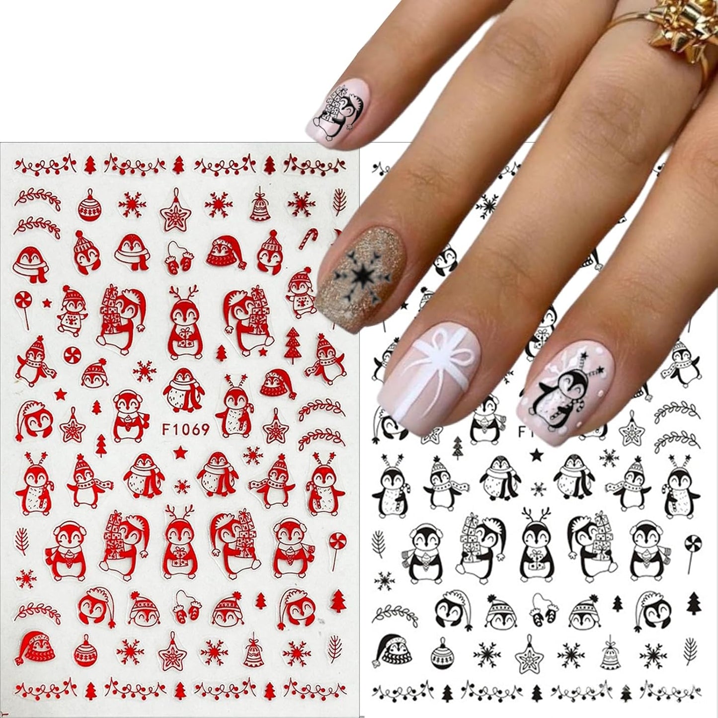 6 Sheets Christmas Nail Art Stickers 3D Self-Adhesive Pegatinas Uñas Navidad Holiday Red black Snowflake Elk Snowmen Xmas Tree Design Winter Supplies Nail DIY Christmas Nail Decoration for Women Girls