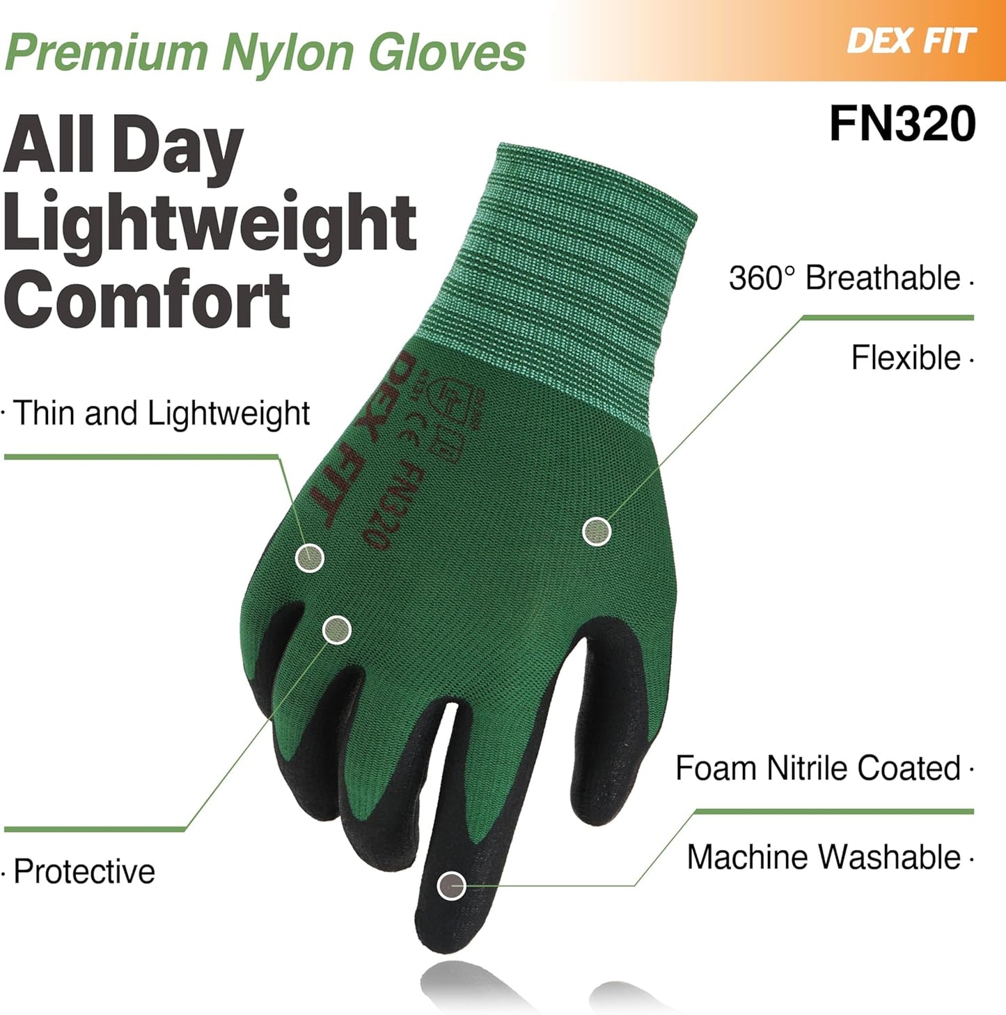 DEX FIT Premium Nylon Nitrile Work Gloves FN320, 3 Pairs, 3D-Comfort Stretchy Fit, Firm Grip, Thin & Lightweight, Durable, Breathable & Cool, Machine Washable; Forest Green 10 (XL)