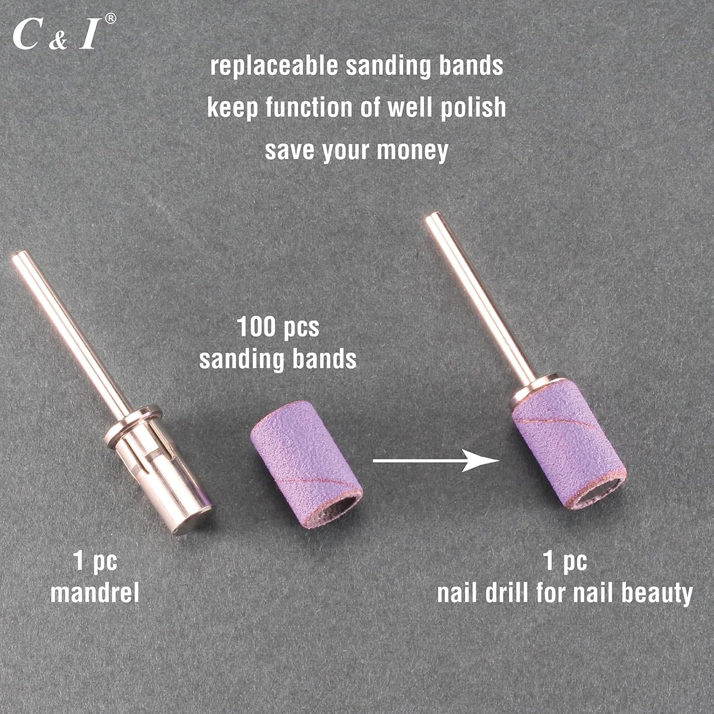 C & I Nail Sanding Bands 100 PCS Plus Upgrade Mandrel 1 PC, Nail Drill Bits for Acrylic Gel Nails Remove, Natural Nails Buffer for Nail Prep and Nail Shiner (Yellow, #80 Extra Coarse)