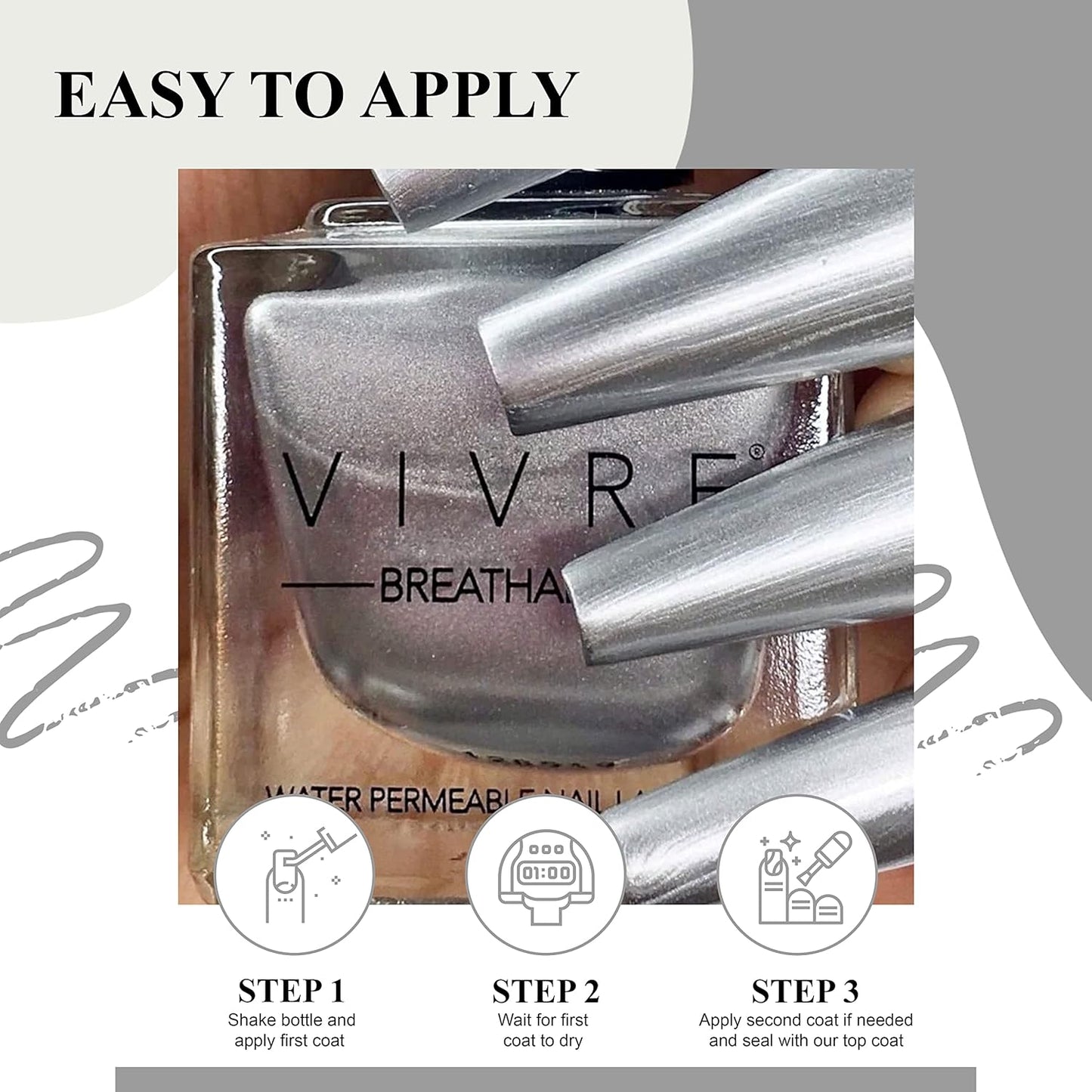 VIVRE Cosmetics Quick Dry Shiny Halal Nail Polish - Vegan, Non Toxic, Long Lasting, Breathable & Water Permeable - No Place Like Chrome