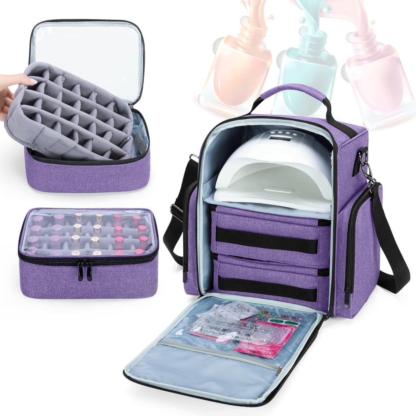 BAFASO Nail Polish Organizer Holds 48 Bottles (15ml - 0.5 fl.oz) and a Nail Lamp, Large Nail Polish Case with 2 Removable Pouches and Multiple Storage Sections (Patented Design), Purple