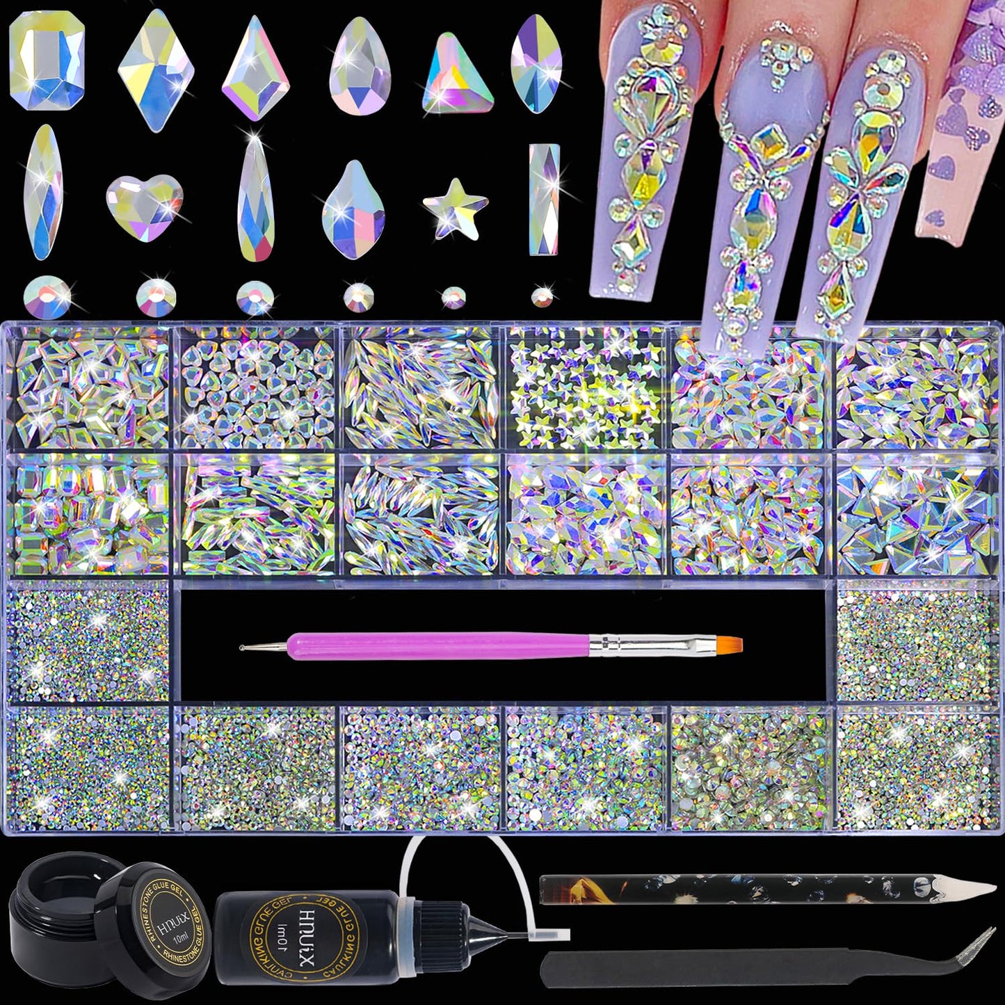 HNUIX Nail Rhinestones - 4550pcs Crystal AB, Multiple Shape Gems, Flatback Rhinestones, with Kit and Glue Gel, for Nail Art