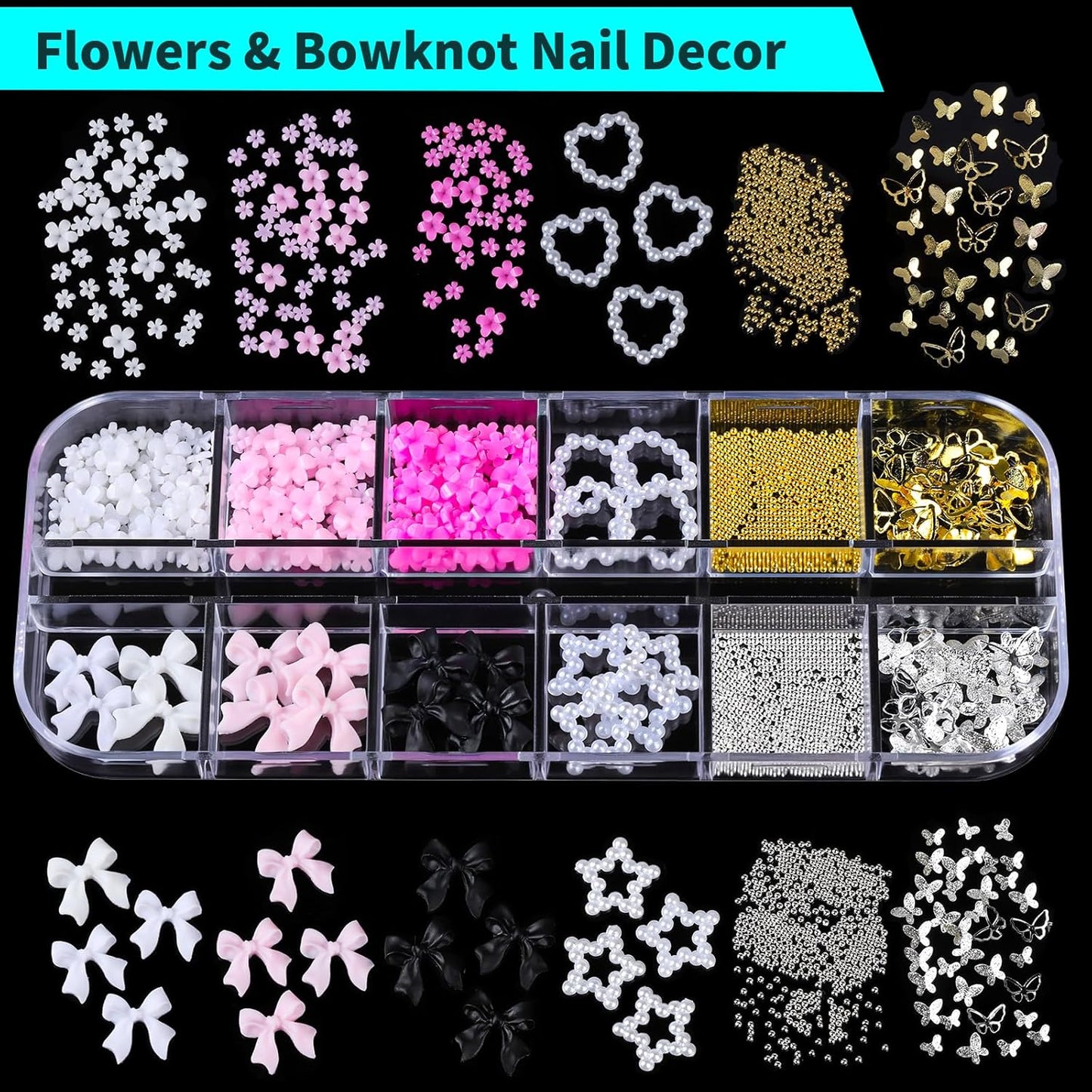 Teenitor Nail Charms and Gems Nail Art Tools, 3 Box 3D Flower Nail Charms for Nails Design Tools, Nail Pearls Nails Supplies, Butterfly Bow Nail Charms Nail Decor 3D Nail Art Kit