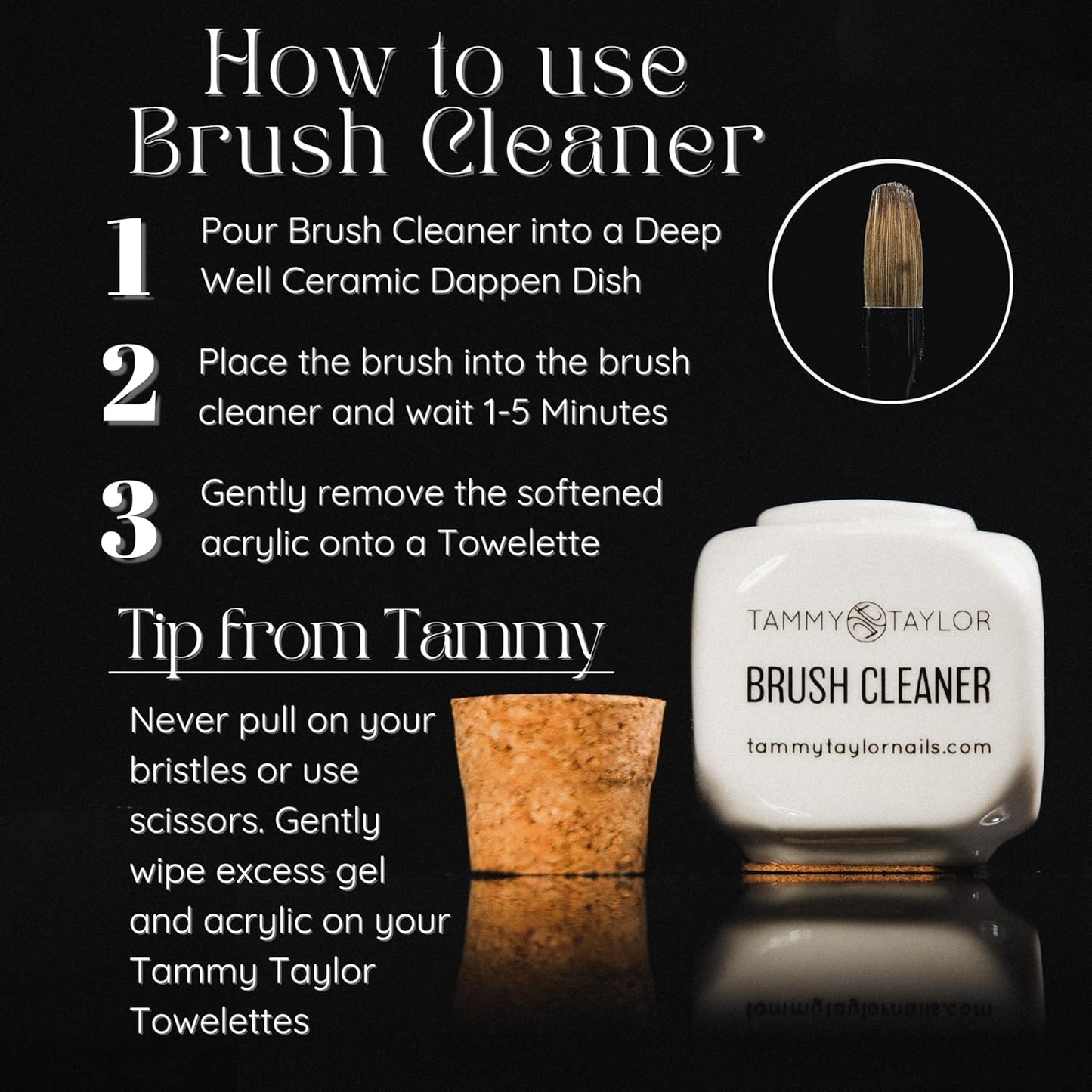 Tammy Taylor Acrylic Nail Brush Cleaner Liquid, Removes Solid Gel Nail Polish, Acrylic Dip Powder, All-in-One Poly Gel Slip Solution + Kolinsky Sable Nail Brush Conditioner, Cleaner & Restorer (16oz)