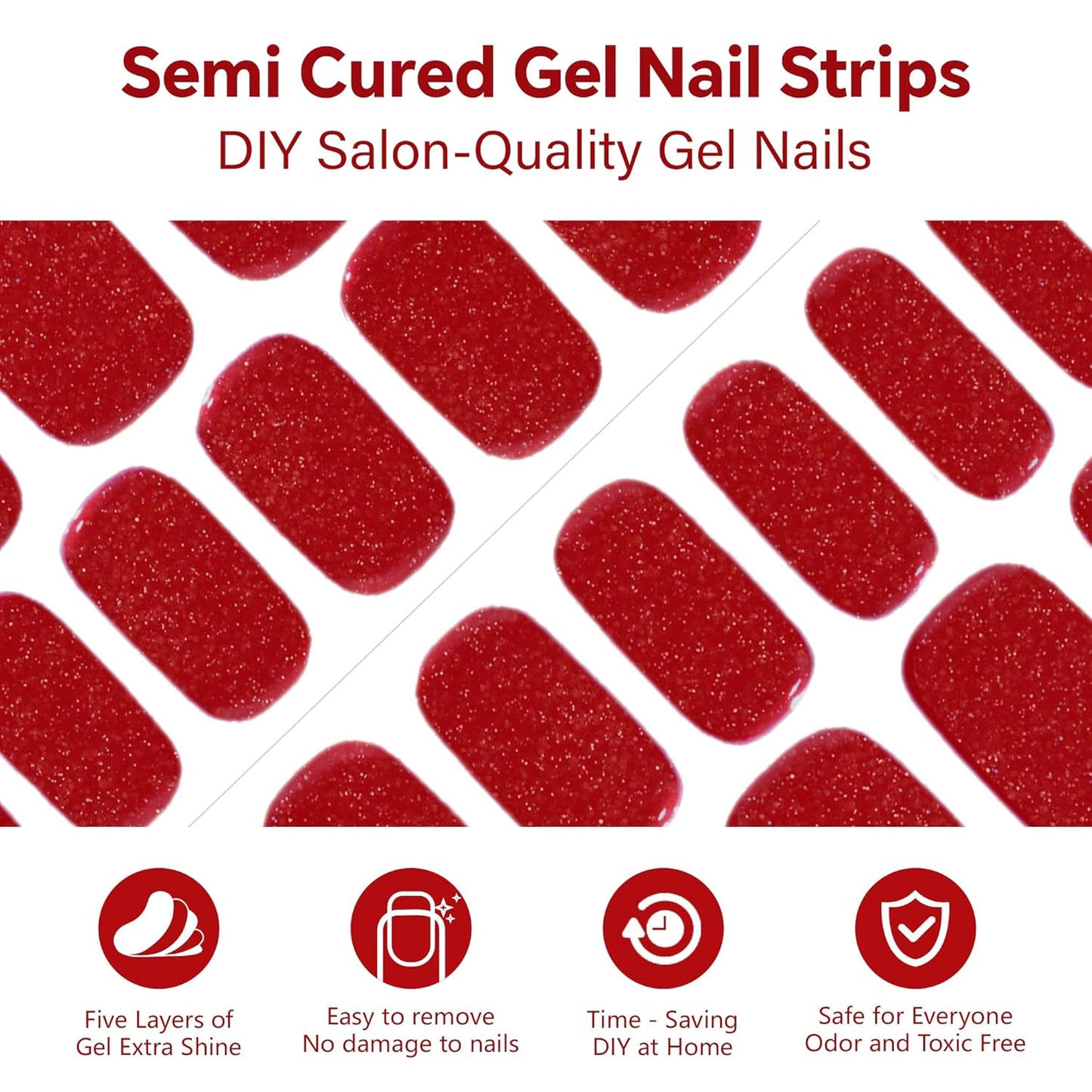 Semi Cured Gel Nail Strips(Red Fine Glitter), UV Light Required, Salon Quality, Easy to Apply & Remove, DIY Nail Art Kits for Women at Home