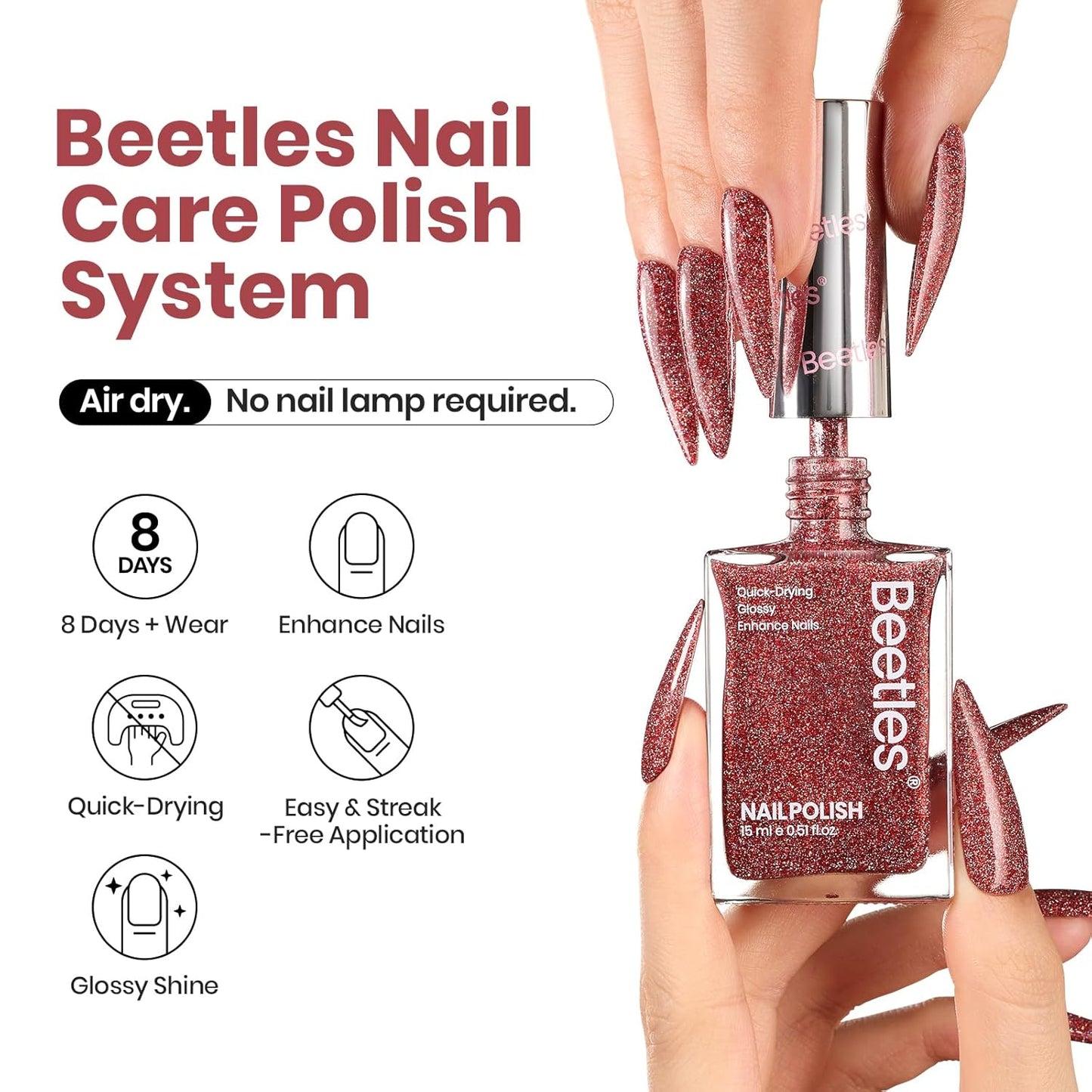 Beetles Red Nail Polish, Quick Dry Nail Polish, 1Pcs 15ml Glitter Sparkle Burgundy Red Nail Polish Fast Drying & Long Lasting Spring Valentines Nail Polish Salon DIY at Home