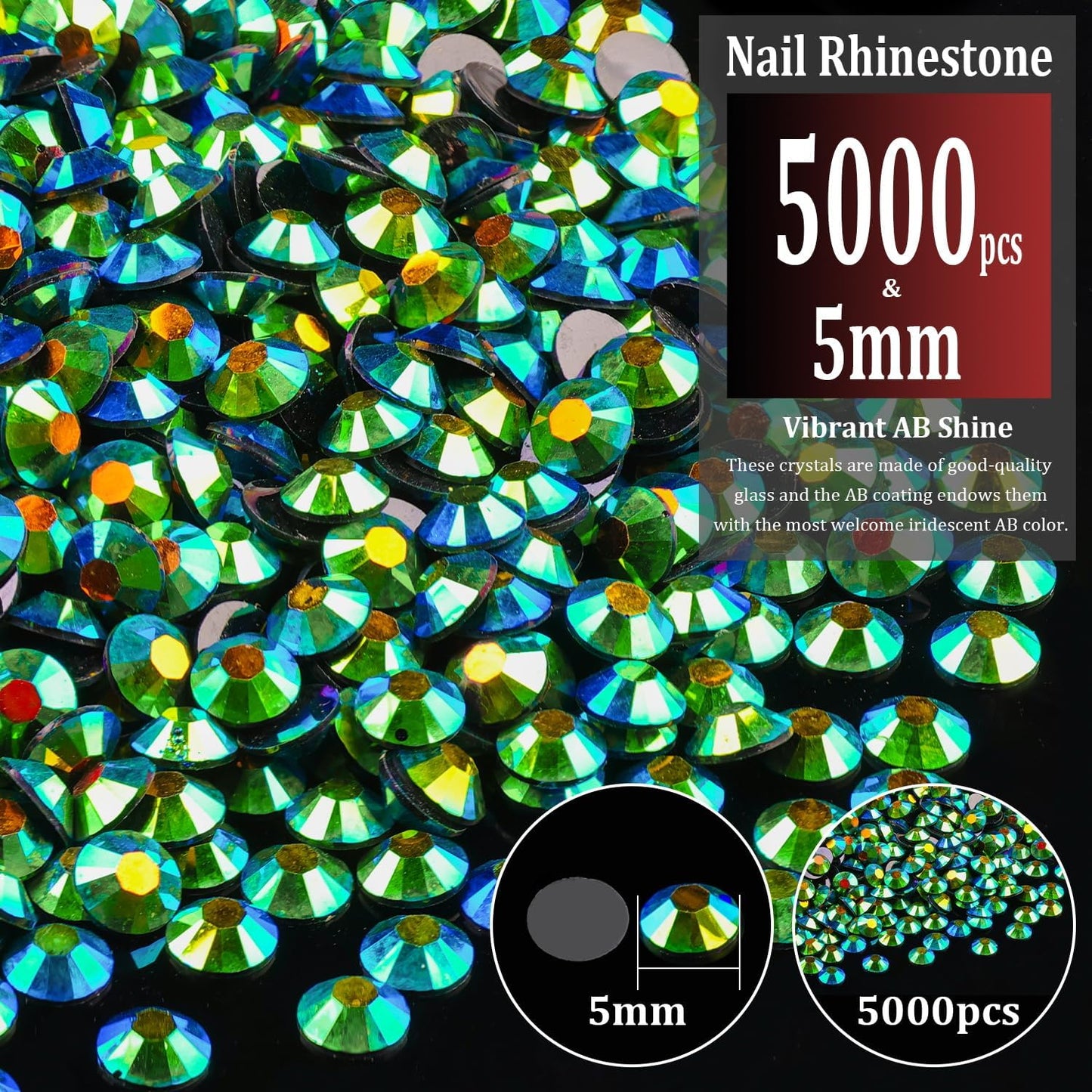 5000pcs 5mm Resin Rhinestones Bulk, Emerald Black AB Flatback Round Jelly Rhinestones Non Hotfix Crystal Gems Large Quantity Wholesale for DIY Crafts Clothes Face Makeup Manicure