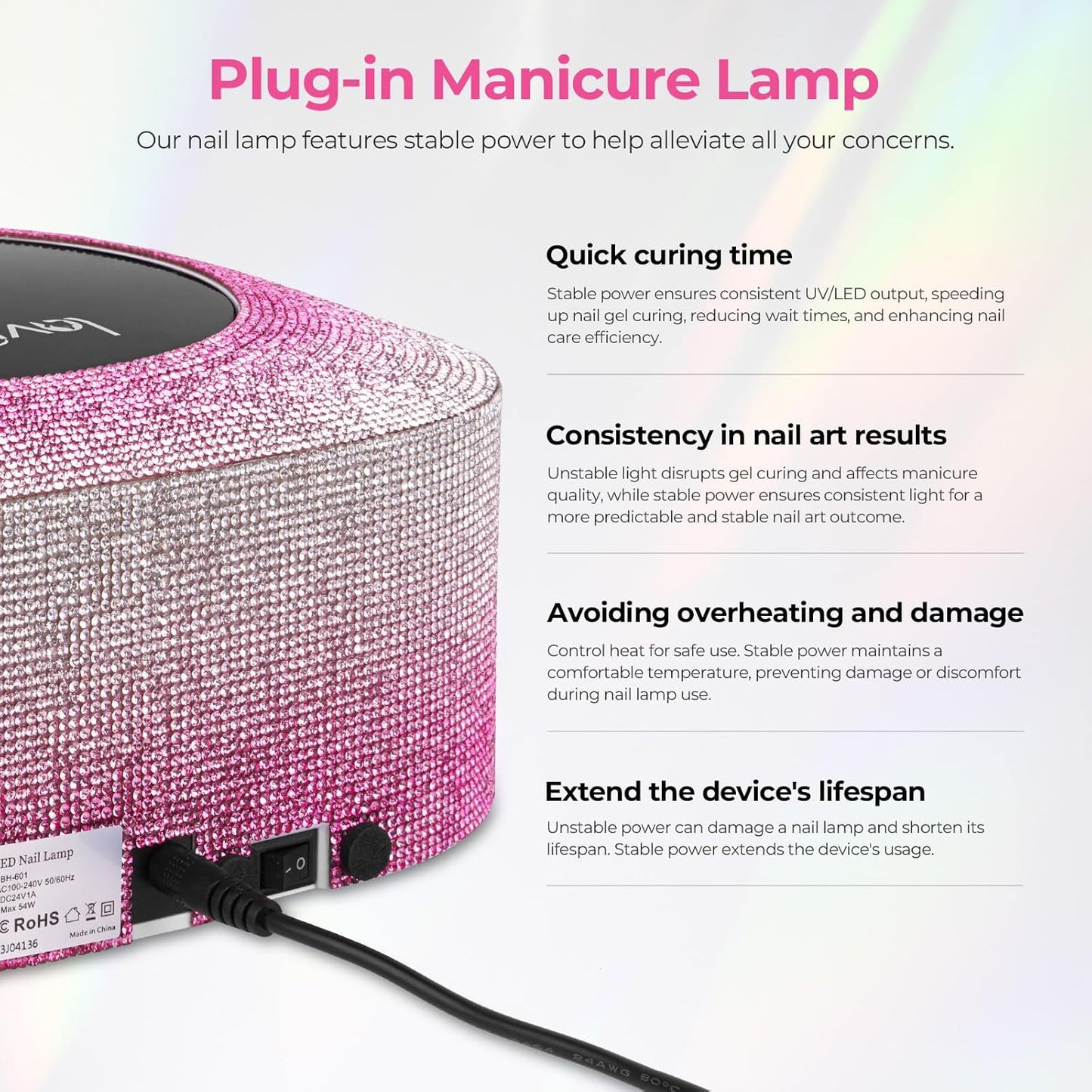 Lavinda UV Nail Lamp, 54W UV Light for Gel with Rhinestones, Plug-in LED Nails Light Dryer for Gel Polish, Fast Curing Lamp for Salon Home Use, Gradient Pink