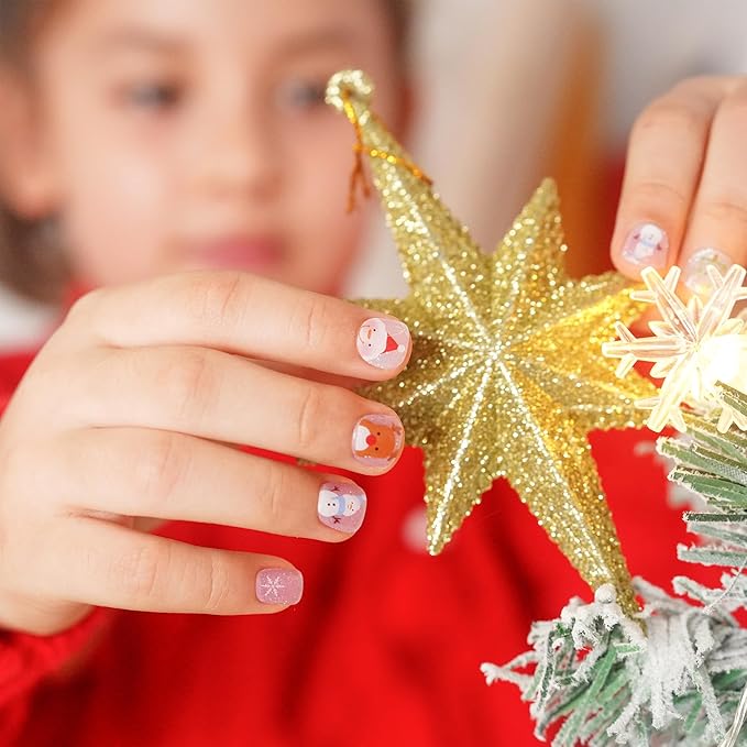 DANNI & TONI Kids Gel Nail Strips Christmas Tree Snowman Reindeer Santa Claus Shimmering Salon-Quality Peel & Stick Manicure for Children (Age 6+)– Safe, Long-Lasting, Easy to Apply | Whimsical Winter