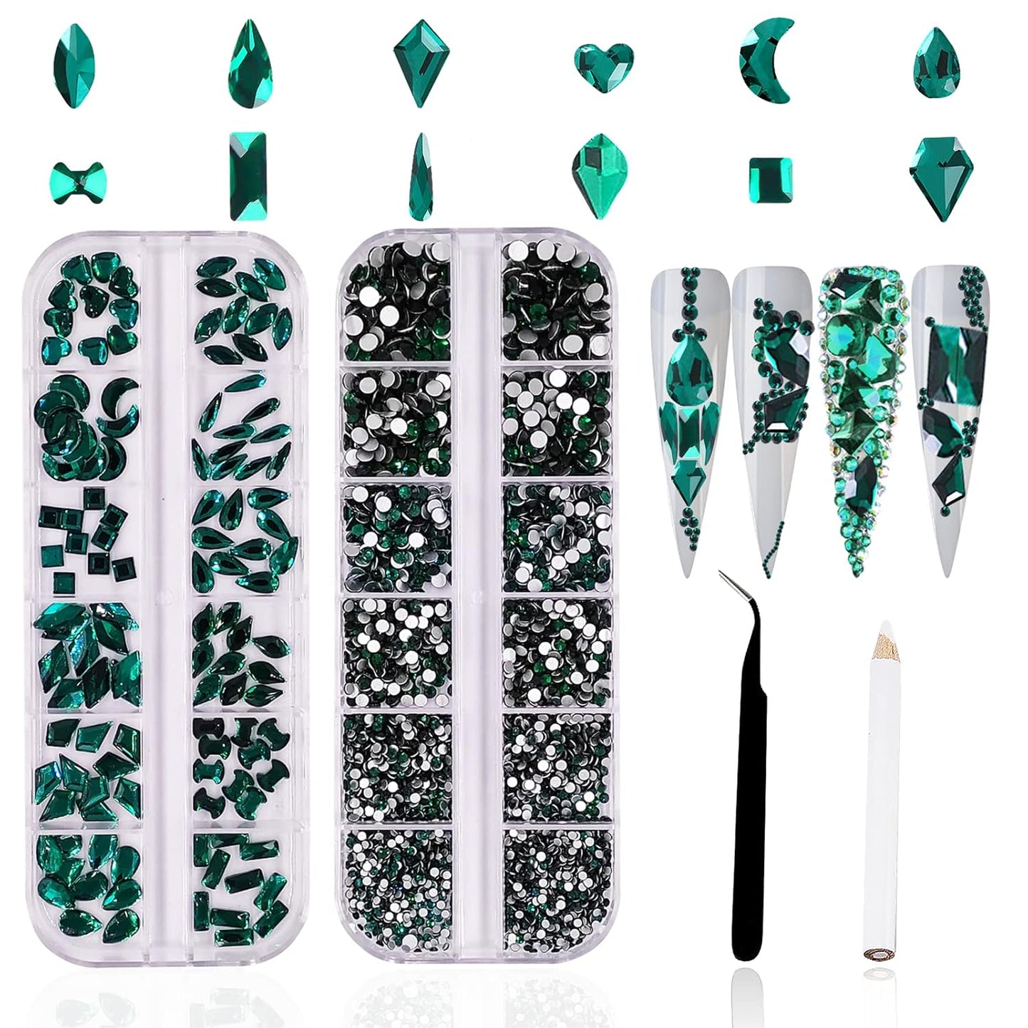 3120Pcs Green Nail Art Rhinestones Crystal,HOINCO Nail Art Crystal Flat Back Nail Diamond Jewels for Nail Art DIY Crafts with Tweezers and Pen
