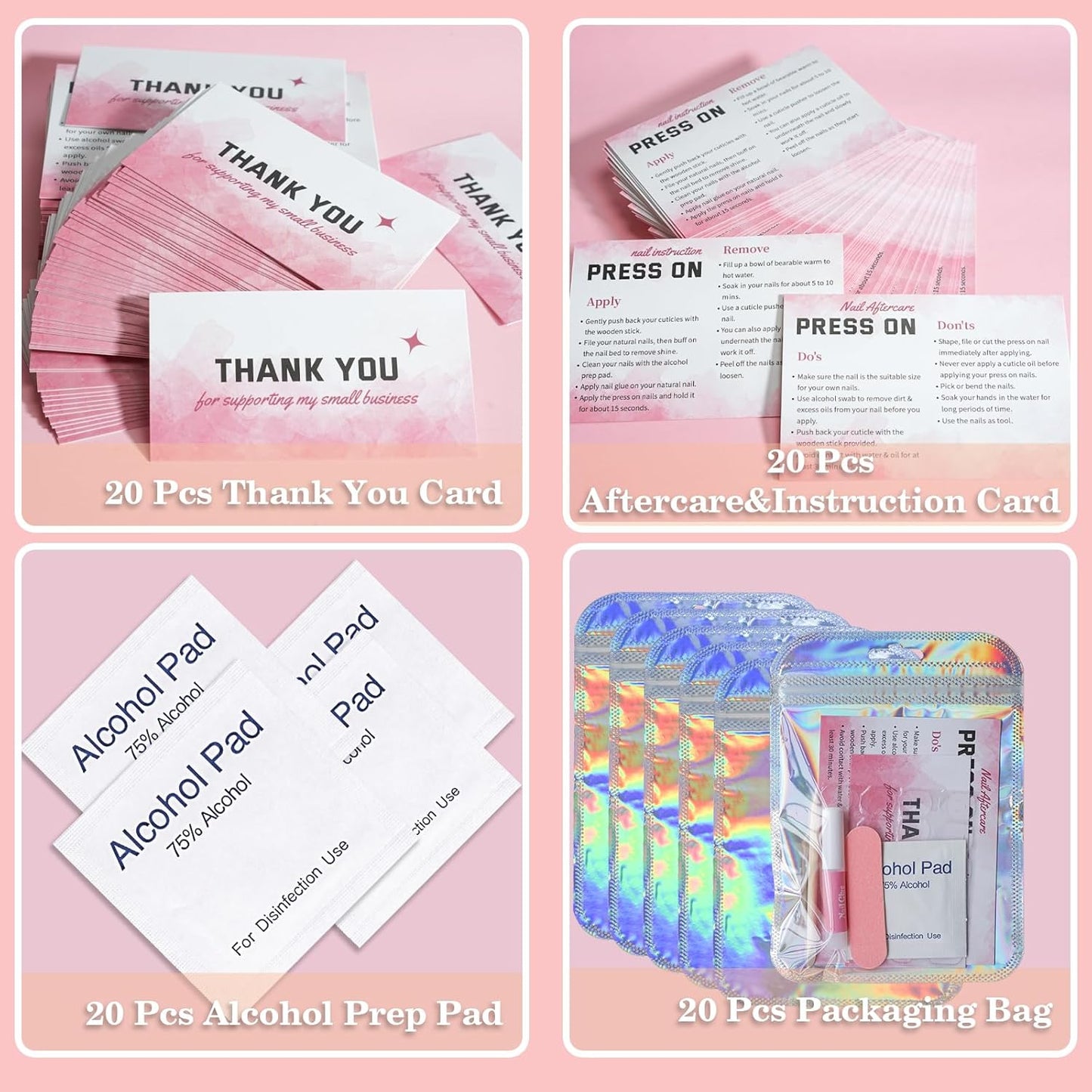 Press On Nail Tool Kit for Nail Business, Nail Prep Application Disposable Kit with Nail File, Nail Glue, Prep Pads, Instruction Card, Adhesive Nail Tabs, Wood Stick, Holographic Bag (20pcs in Pink)