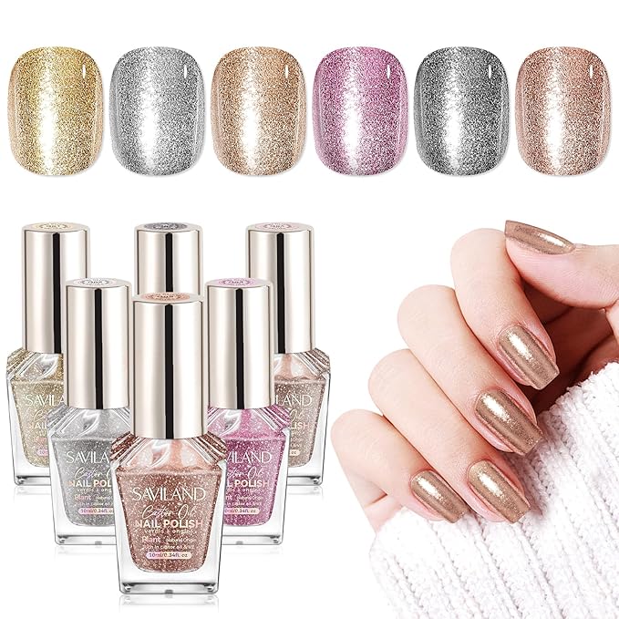 SAVILAND Color Artistry Glitter Nail Polish Set: 6pcs Holographic Diamond Sparkle Shades Fingernail Polish Non-Gel, Quick-Dry & 7 Days Nail Lacquer Kit for Women Manicures Toe Nail Art DIY Salon Home
