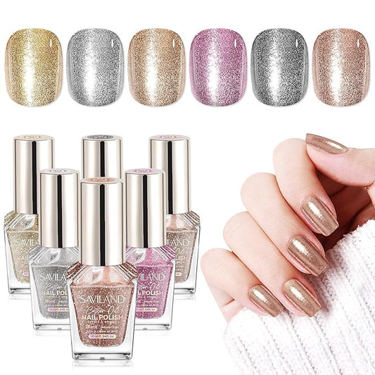 SAVILAND Color Artistry Glitter Nail Polish Set: 6pcs Holographic Diamond Sparkle Shades Fingernail Polish Non-Gel, Quick-Dry & 7 Days Nail Lacquer Kit for Women Manicures Toe Nail Art DIY Salon Home