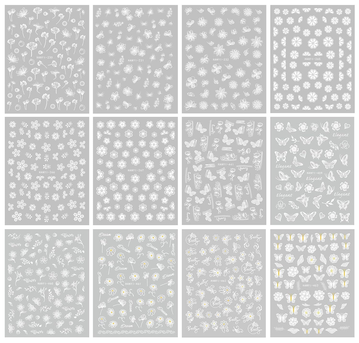 JMEOWIO 12 Sheets Spring White Flower Nail Art Stickers Decals Self-Adhesive Pegatinas Uñas Summer Butterfly Leaf Floral Nail Supplies Nail Art Design Decoration Accessories
