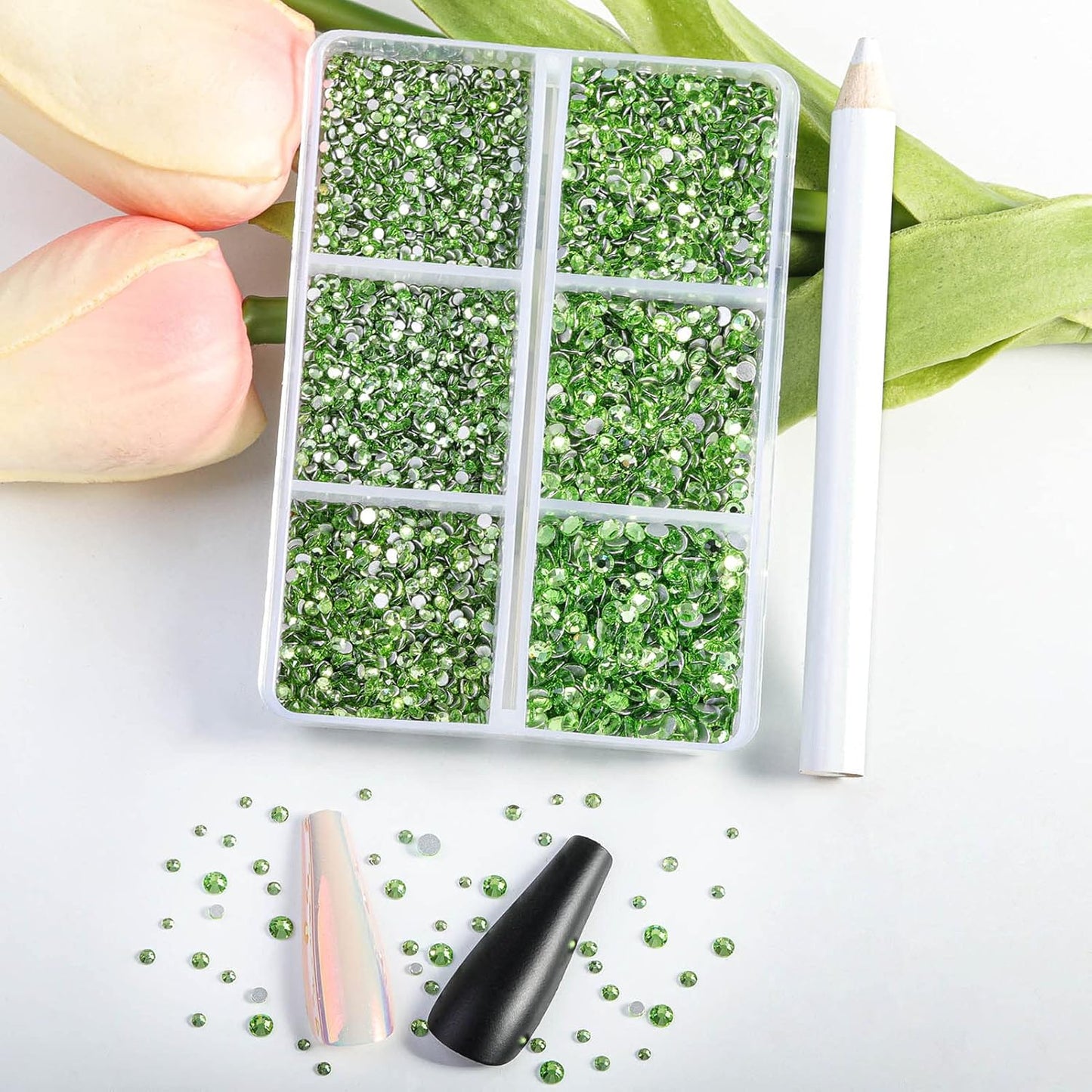 Beadsland 7200pcs Flatback Rhinestones,Light Green Rhinestone Nail Gems Round Crystal Rhinestones for Crafts,Mixed 6 Sizes with Wax Pencil Kit, SS3-SS10,Peridot/Light Green