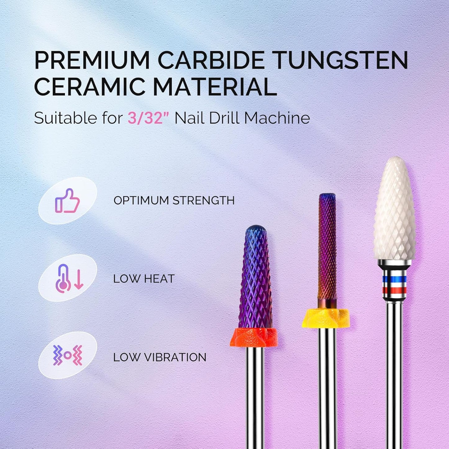 MelodySusie 3Pcs Nail Drill Bits Set, 3/32'' Carbide Tungsten Ceramic Bits, Flame, Nature Nail Buffer and Cone Shape Bits, Suitable for Manicure Pedicure Cuticle Gel Acrylic Remover