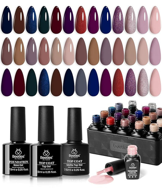 Beetles Gel Nail Polish Set Manhattan Collection 20 Colors Burgundy Red Brown Gold Champagne Glitter Fall Gel Polish Soak Off UV Glossy & Matte Top Base Coat Manhattan Collection Gifts for Women