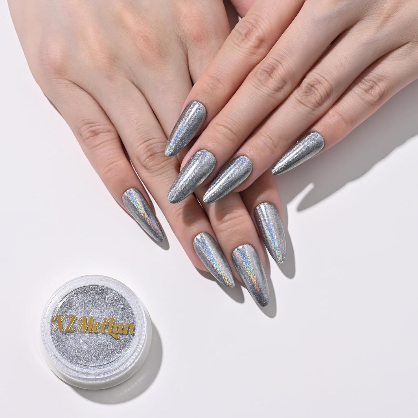 Chameleon Silver Magic Mirror Chrome Nail Powder, Big-Capacity 1.5g Metallic Dust Holographic Effect Powder Pigment Glitter Manicure Kit, Nail Art, Can Mixed with Builder Gel Nail Polish Use