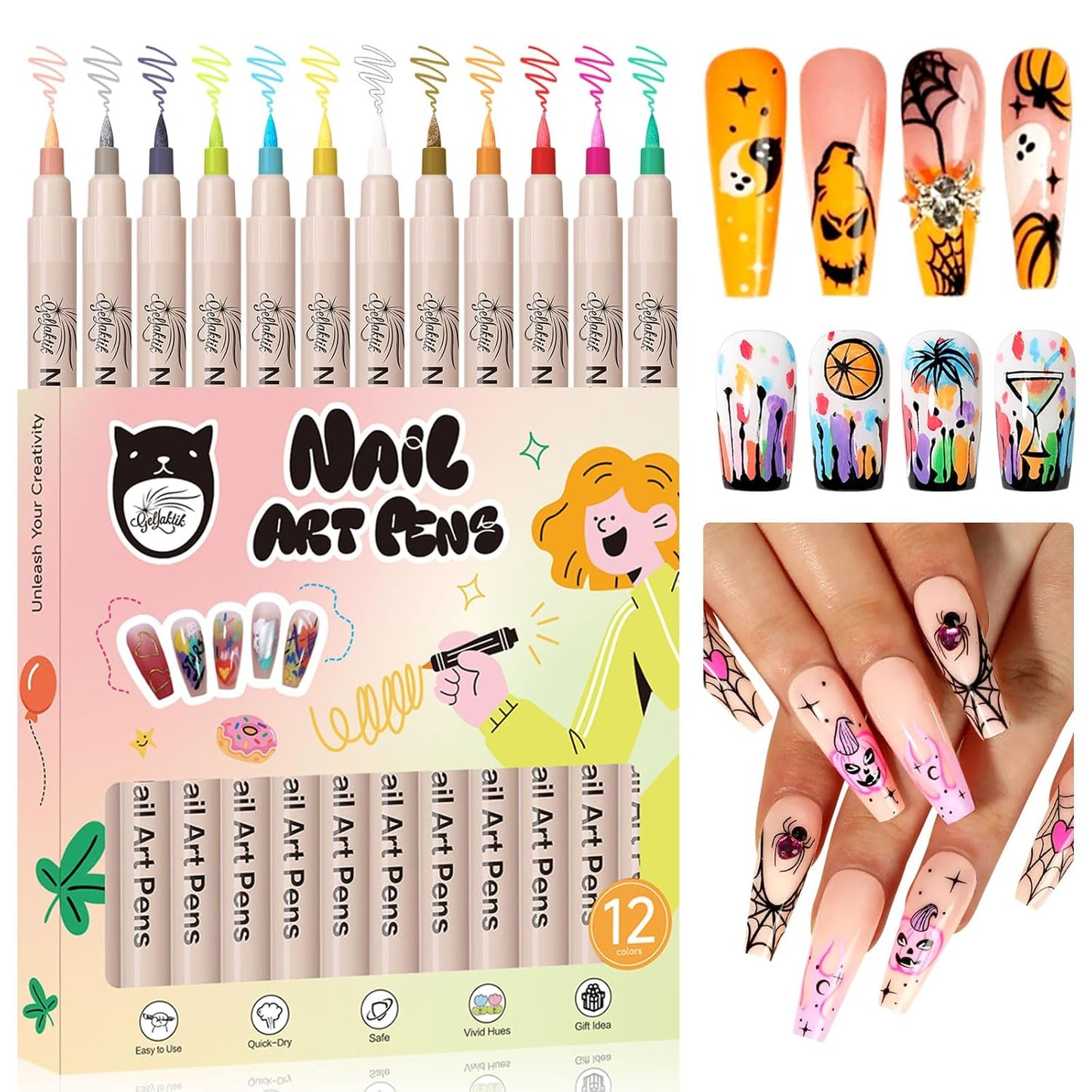 12 Colors Nail Art Pens Set, 3D Nail Polish Pens 0.7mm, Quick-Drying&Waterproof Acrylic Paint Markers, Dotting Liner for DIY Nail Design, Home & Salon Manicure Tools, Ideal for Christmas, Halloween