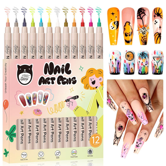 12 Colors Nail Art Pens Set, 3D Nail Polish Pens 0.7mm, Quick-Drying&Waterproof Acrylic Paint Markers, Dotting Liner for DIY Nail Design, Home & Salon Manicure Tools, Ideal for Christmas, Halloween