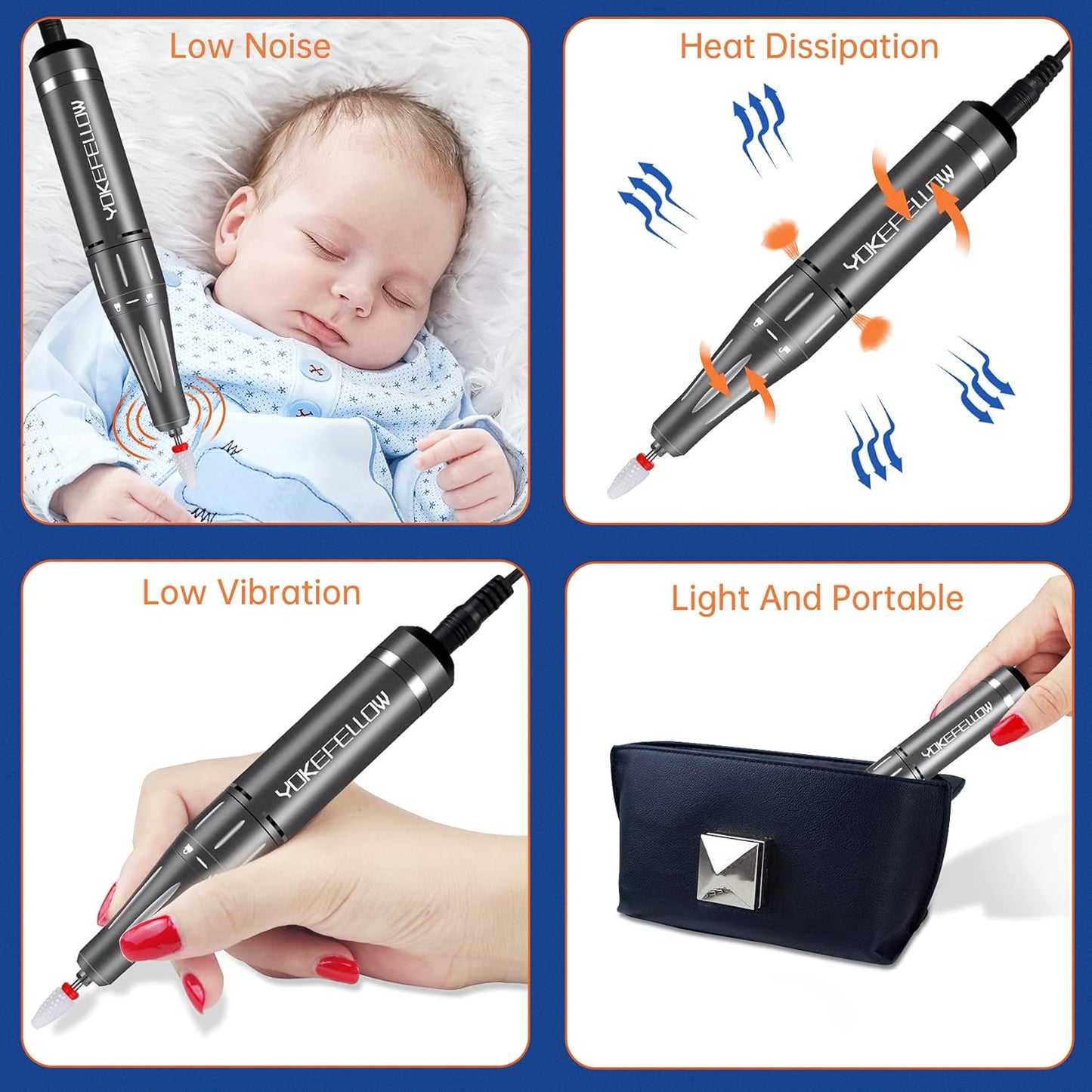 YOKE FELLOW Nail Drill Machine - 35000RPM Electric Nail File Nail Drills for Acrylic Nails Professional with 6 Drill Bits for Manicure Pedicure Home DIY Salon Use