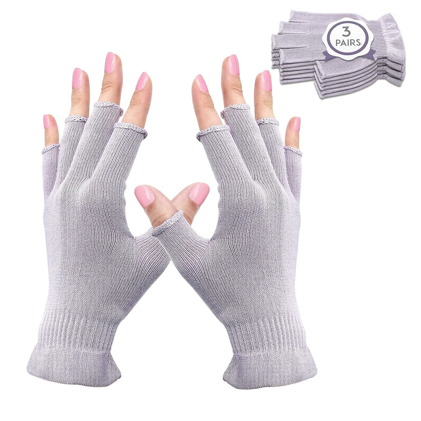 MIG4U 3 Pairs Fingerless Moisturizing Gloves, Half Finger Touchscreen Beauty Glove for Eczema, SPA, Dry Hands, Skin Treatment, Summer Sun UV Protection, Pale Purple, L/XL