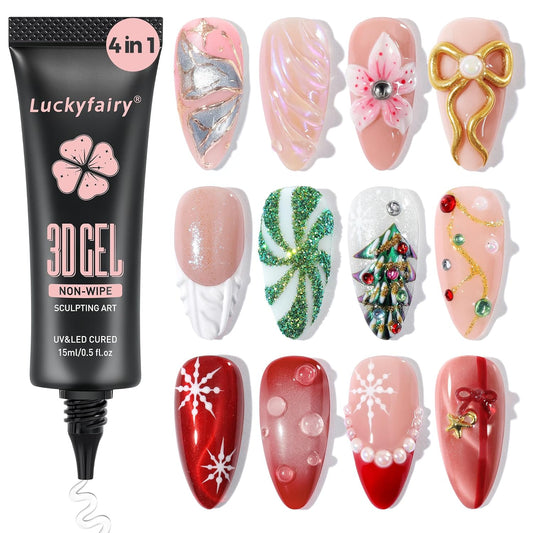 3D Gel Nail Art: 4 in 1 3D Nail Sculpting Gel for Molding, Drawing, Chrome Powder, Rhinestone Charms Glue, No Wipe Clear for DIY Fall Christmas Nail Art at Home, Lamp Curing Needed